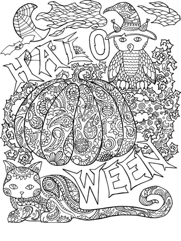 Animals and Pumpkin in Halloween Mandala