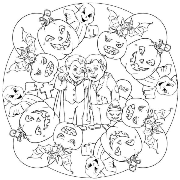 Two Draculas with Pumkins and Ghosts in Halloween Mandala