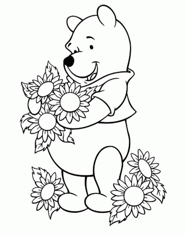 Cheerful Winnie The Pooh is Carrying Sunflowers