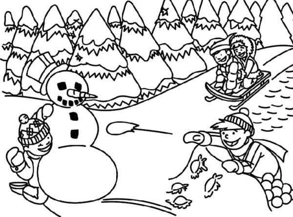 Four Children with Snowman in Winter