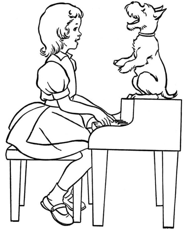 Little Girl playing Piano with Dog