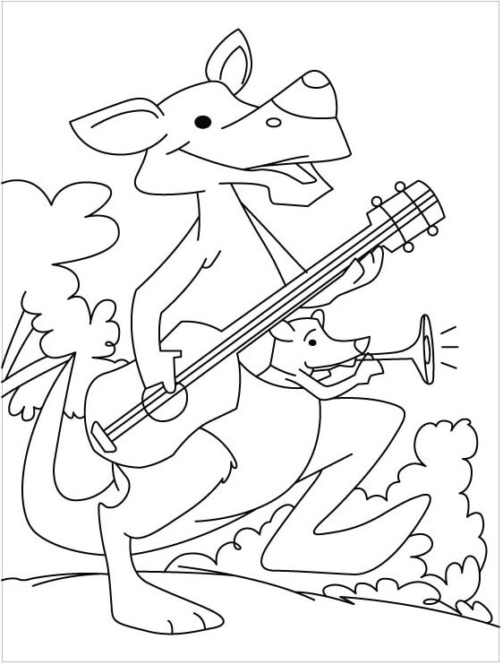 Mother Kangaroo playing Guitar and baby Kangaroo playing Flute