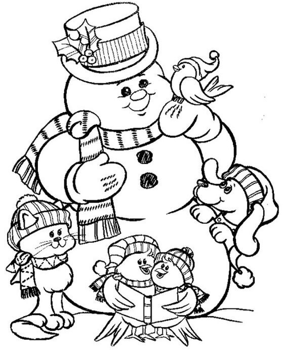 Snowman with Animals in Winter