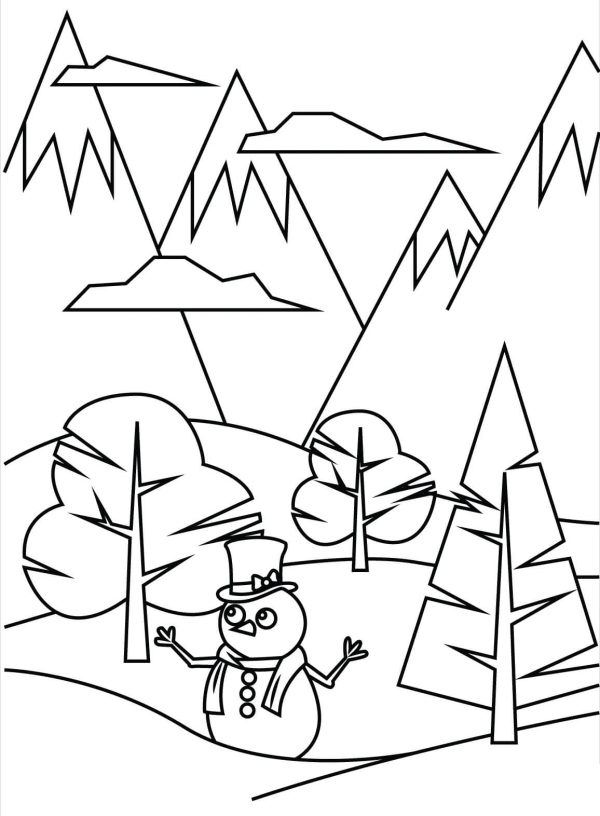 Snowman with Trees and Moutain in Winter