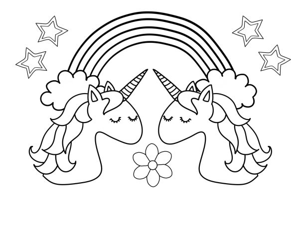 Two Unicorns Face with Rainbow and Stars