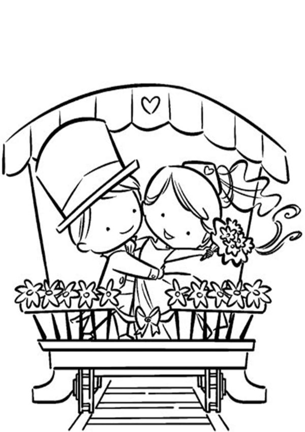 Groom and Bride with Flowers Drawing