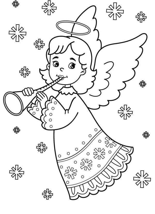 Little Angel Playing the Trumpet with Snowflakes