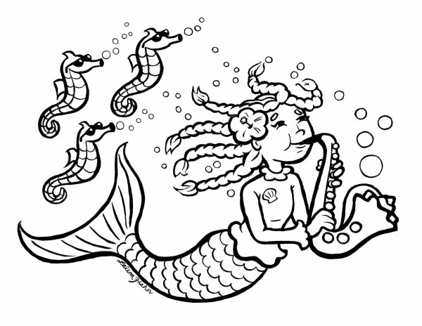 Mermaid playing Saxophone with Seahorses