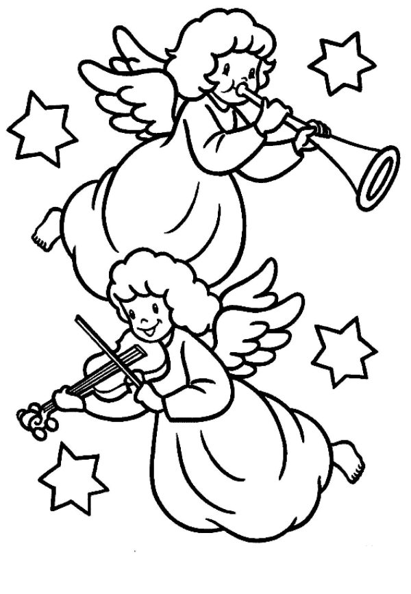 Two Christmas Angels with Trumpet and Violin