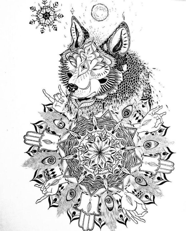 Wolf With Flowers Mandala