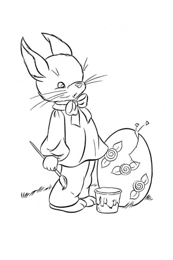 Cartoon Bunny Paints Easter Eggs