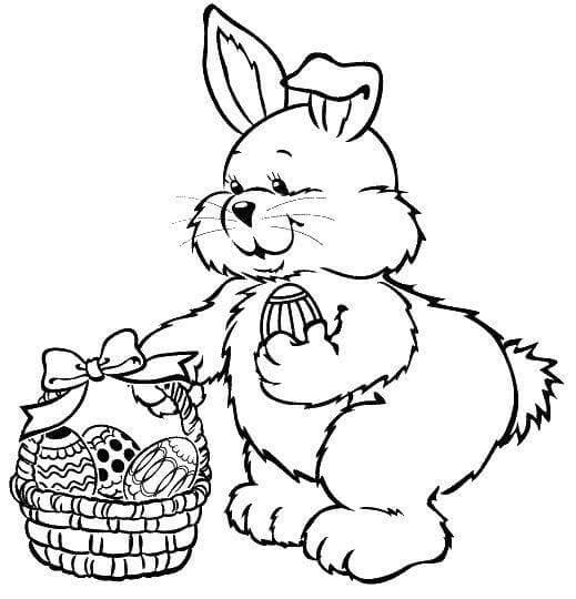 Hand Draw Bunny with Easter Eggs Basket