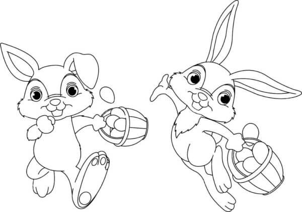 Happy Two Bunnies with Basket Easter Eggs