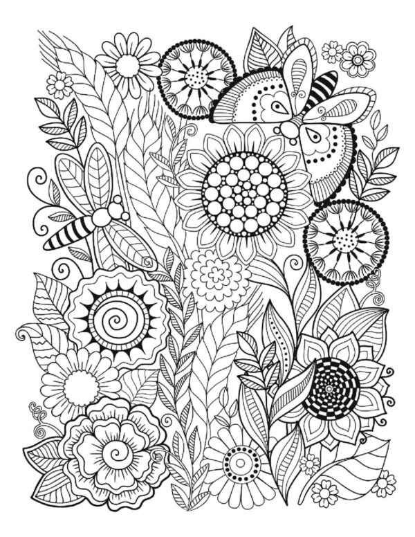 Insects with Flowers and Leaves in Summer Mandala
