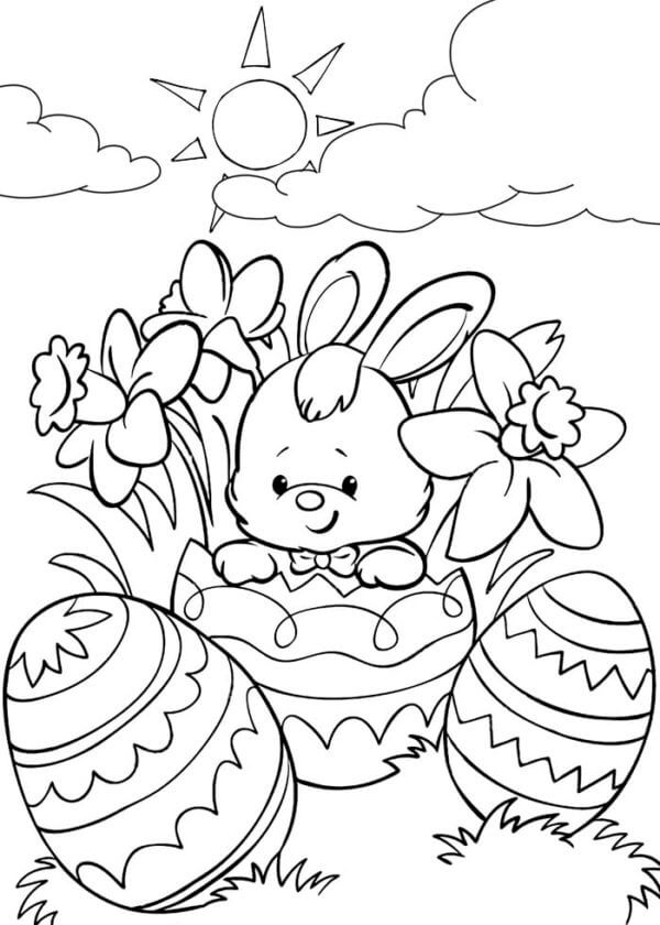 Little Bunny With Easter Egg And Flowers